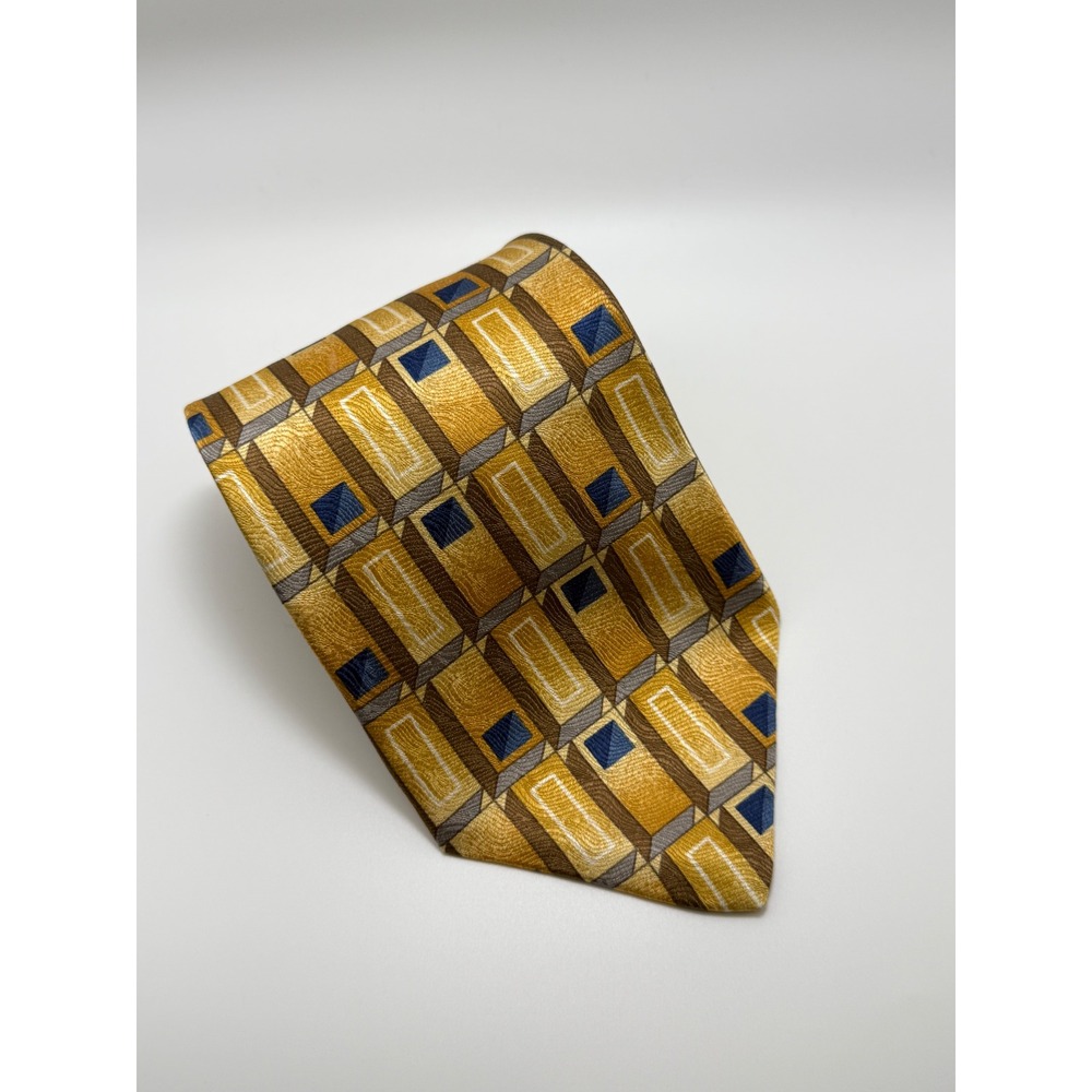 Jos. A. Bank Silk Tie OS Geometric Gold Blue Brown 3D Block Retro Professional